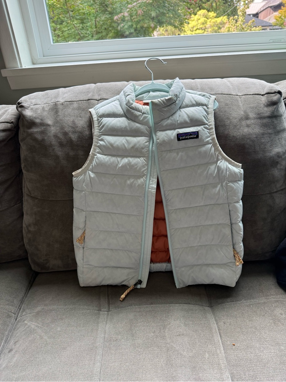 Patagonia Kids Light Mint Quilted Down Vest with Coral Lining